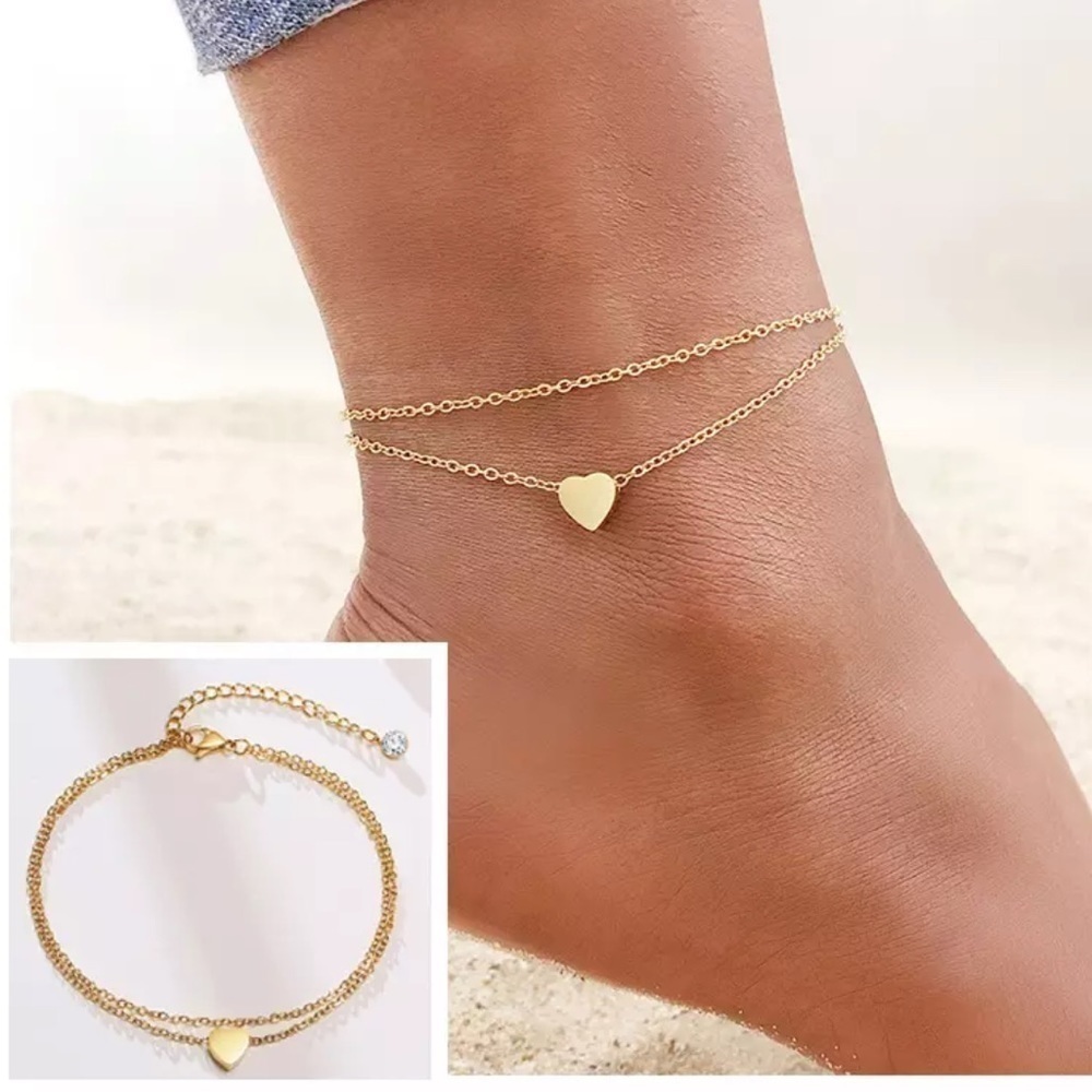 14k Gold Plated Double Strand Chain Heart Ankle Bracelet Anklet Waterproof